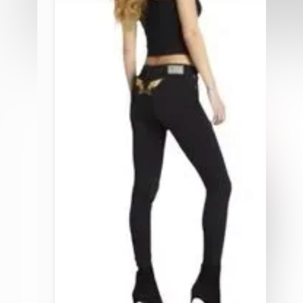 Robin's Jean velvet like Black Skinny Pants with Gold Accents and angel wings